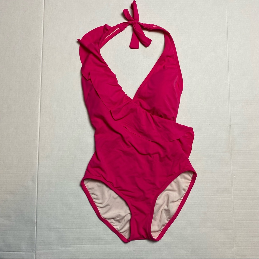 Carmen Marc Valvo one piece bathing swim suit hot pink ruffle Barbiecore size 6 - Picture 2 of 9